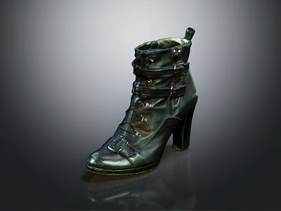 Stylish Shiny Dark Green Leather High Heel Lace Up Boots For Women 3d model