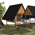 Twin Gabled Wooden House With Black Roof Balcony Stairs And Bamboo Trees