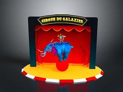 Game Movie Character Clown Riding Blue Elephant On Ball With Red Curtain And Circus Sign 3d model