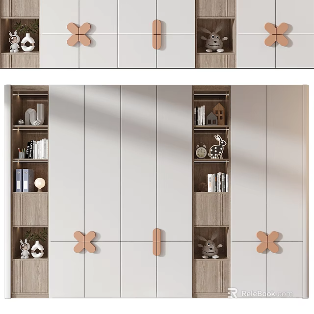 Elegant Modern White Wardrobe With Wooden Handles Storage Shelves And Decorative Display Areas 3d model 