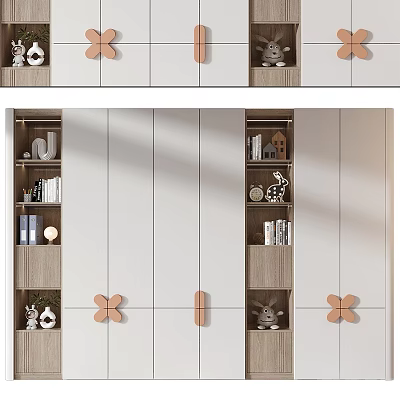 Elegant Modern White Wardrobe With Wooden Handles Storage Shelves And Decorative Display Areas 3d model
