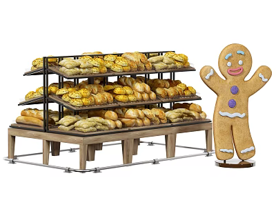 Multi Tiered Display Shelf Stocked With Fresh Baked Bread And Gingerbread Man 3d model