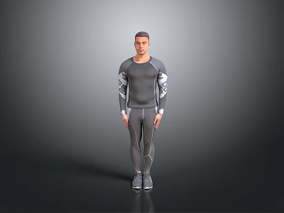 Man Wearing Gray Long Sleeve Top and Pants Standing in Studio with Gray Background 3d model