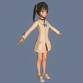3D Anime Character With Pigtails Green Eyes Beige Coat Bow Tie Short Skirt Outstretched Arms