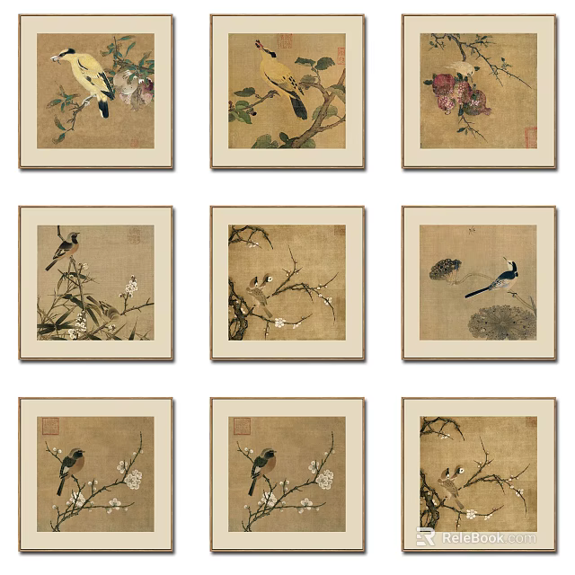 Traditional Chinese Paintings With Birds And Flowers On Beige Framed Background 3d model 