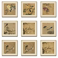 Traditional Chinese Paintings With Birds And Flowers On Beige Framed Background
