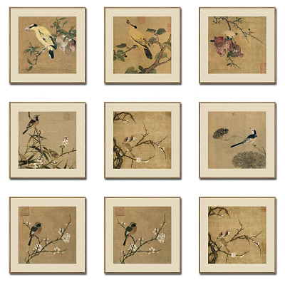 Traditional Chinese Paintings With Birds And Flowers On Beige Framed Background 3d model