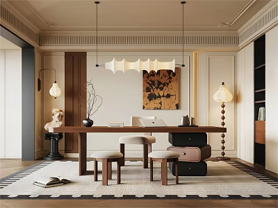 Elegant Study Room Interior With Long Wooden Table Stools And Pendant Lights 3d model