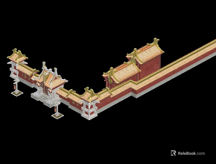 Ancient Chinese Architecture With Yellow Glazed Roofs Red Walls Ornate Eaves And Gate Tower 3d model 