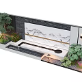 Modern Landscape Feature Wall With Marble Panel Water Stream Green Plants And Decorative Lighting