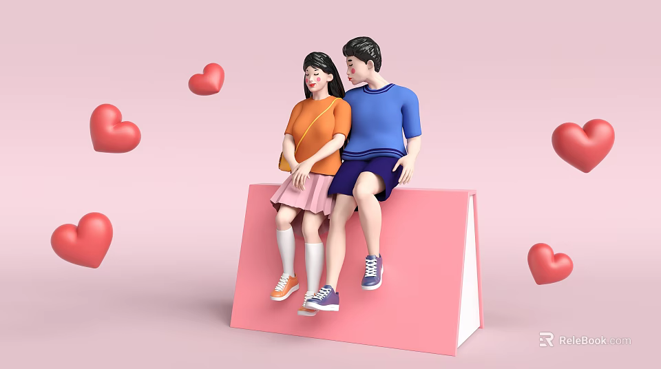 Cartoon Game and Movie Couple Characters Sitting on Pink Platform with Red Hearts 3d model 
