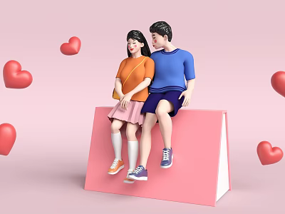 Cartoon Game and Movie Couple Characters Sitting on Pink Platform with Red Hearts 3d model