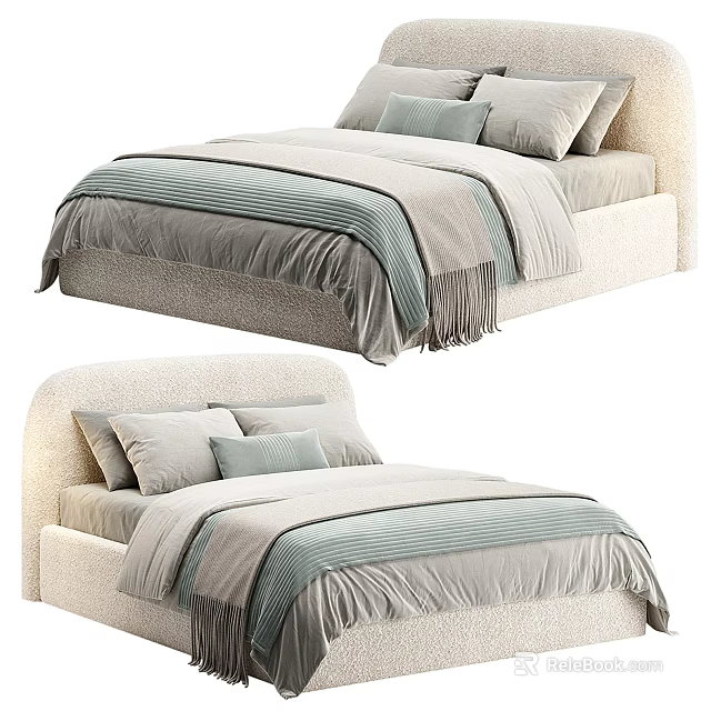 Modern Double Bed With Curved Headboard Soft Gray Light Blue Bedding Fringed Bedspread 3d model 