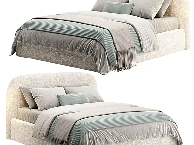 Modern Double Bed With Curved Headboard Soft Gray Light Blue Bedding Fringed Bedspread 3d model