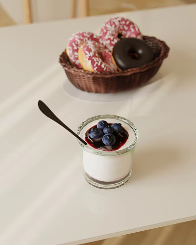 Fresh Blueberries On Top Of Creamy Yogurt In Glass Cup On White Table With Spoon 3d model