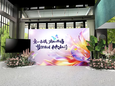 Event Backdrop Setup With Floral Decor Green Plants Lighting And Screen 3d model