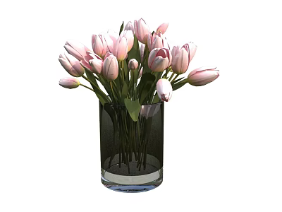 Fresh Pink Tulips Arrangement in Black Glass Vase with Green Leaves for Home Interior Decor 3d model