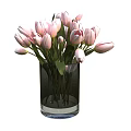 Fresh Pink Tulips Arrangement in Black Glass Vase with Green Leaves for Home Interior Decor