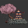 Cartoon Scene with Pink Cherry Blossom Tree Traditional Pavilion Rocky Base and Blue Water Pathway