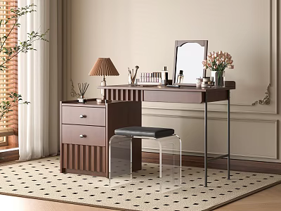 Modern Interior Dressing Table with Drawer Cabinet Mirror Lamp Cosmetics Flower Vase and Clear Stool 3d model