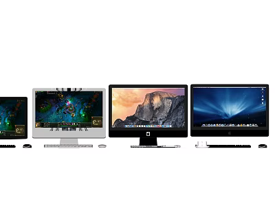 Different Laptop and Desktop Monitors Showing Game Landscape and OS Interface With Keyboard Mouse 3d model