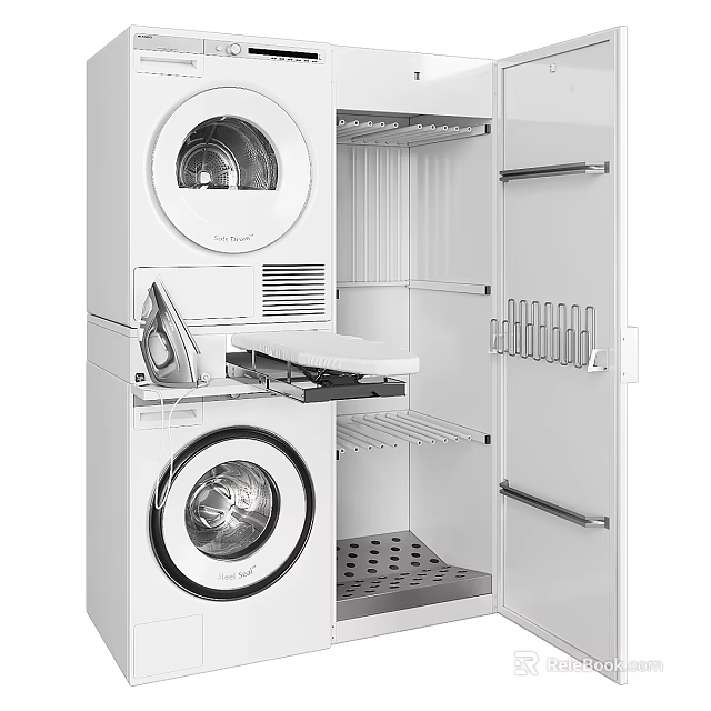 White Stackable Washing Machine With Upper Dryer And Storage Cabinet 3d model 