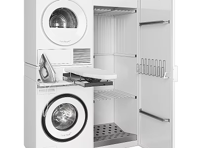 White Stackable Washing Machine With Upper Dryer And Storage Cabinet 3d model