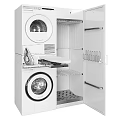 White Stackable Washing Machine With Upper Dryer And Storage Cabinet 3d model