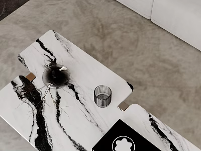 Modern Black And White Marble Coffee Table With Decorative Item And Adjacent Sofa 3d model