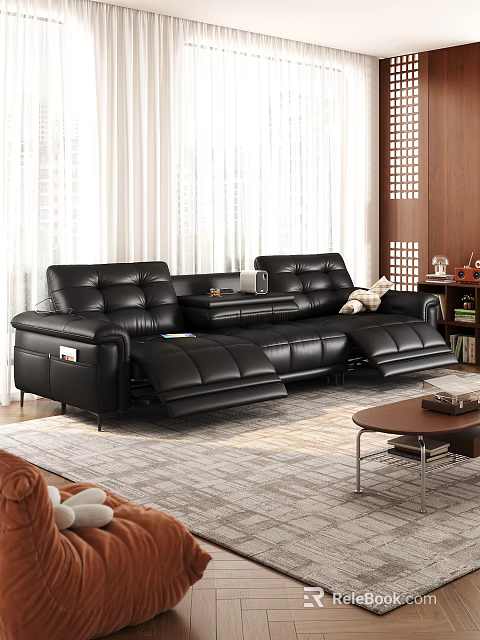 Black Leather Reclining Sofa and Coffee Table Set in Modern Living Room with Curtains 3d model 