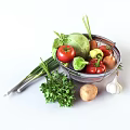 Fresh Assorted Vegetables in Metal Mesh Basket Surrounded by Potato Garlic and Corn