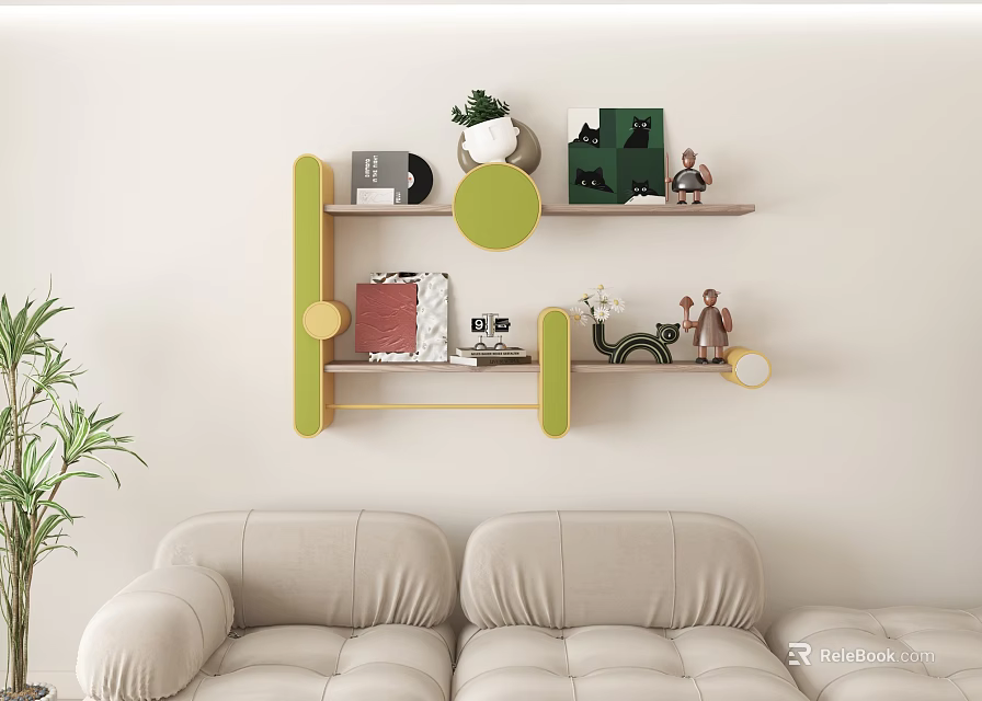 Modern Wall Decor Shelves with Green Yellow Accents Books Potted Plants and Decorative Figurines 3d model 