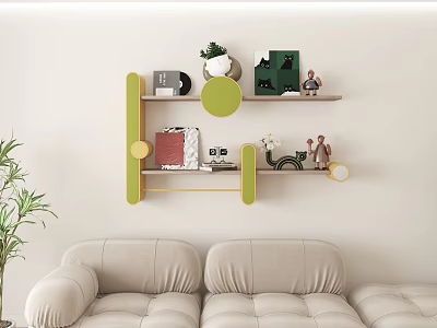 Modern Wall Decor Shelves with Green Yellow Accents Books Potted Plants and Decorative Figurines 3d model