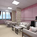 Pink Hospital Room Interior With Beds Medical Equipment Curtains And TV