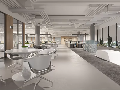 Modern Public Office Space With Open Layout White Chairs And Green Plants 3d model
