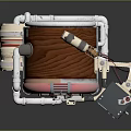 Retro Mechanical Device Featuring Pink Arch Pipes Wooden Panel And Display Screen
