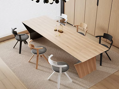 Modern Dining Table Set With Light Wood Top Various Designed Chairs Pendant Lights And Area Rug 3d model