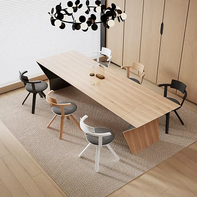 Modern Dining Table Set With Light Wood Top Various Designed Chairs Pendant Lights And Area Rug 3d model