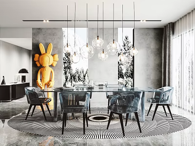 Stylish Restaurant Interior With Yellow Sculpture Glass Dining Table Black Chairs And Pendant Lights 3d model