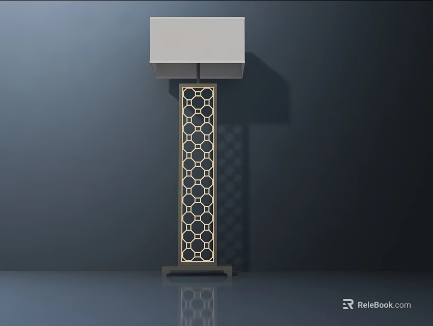 Golden Column Table Lamp With Hexagonal Cutout Square Base White Lampshade Dark Background Floor Reflection 3d model