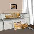 Cozy Living Room Interior With Light Gray Sofa And Yellow Patterned Decorative Pillows 3d model