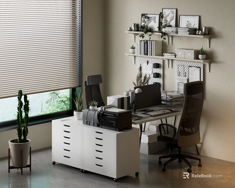 Stylish Modern Workspace Desk With Ergonomic Chair Filing Cabinet Shelves Books And Potted Plants 3d model 