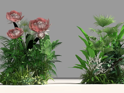 Floral Installation Design With Red Flowers Green Leaves And Various Green Plants 3d model