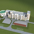 Modern Hospital Building With White Yellow Exterior Red Cross Logo And Green Lawn Front