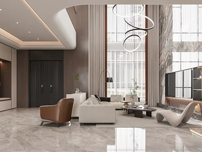 Modern Living Dining Interior Design With Sofa Armchairs Pendant Lights And Large Windows 3d model