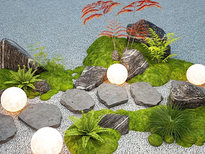 Garden Decorative Scene With Green Moss Large Stones Glowing White Spherical Lights And Red Foliage 3d model