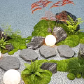 Garden Decorative Scene With Green Moss Large Stones Glowing White Spherical Lights And Red Foliage