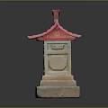 Traditional Japanese Stone Lantern With Red Roof And Carved Base Design