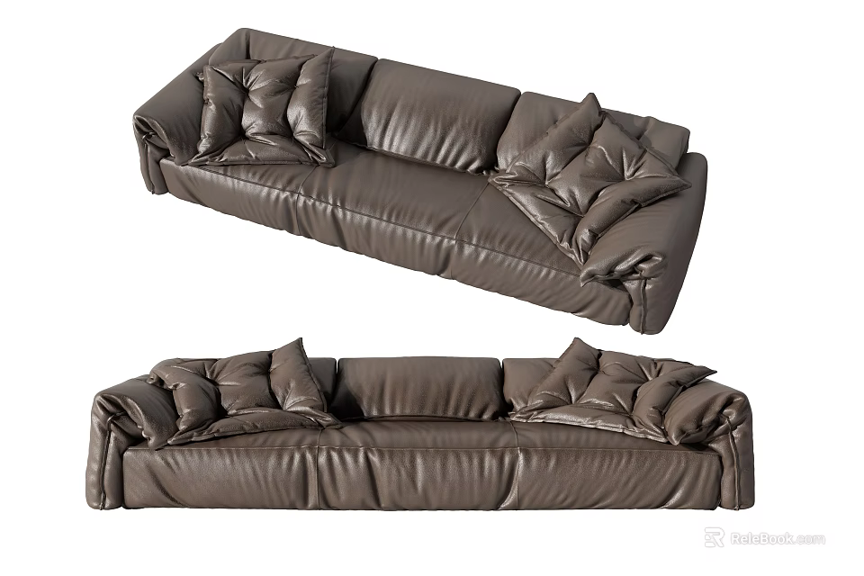 Brown Leather Multi Seater Sofa With Plush Cushions For Modern Living Room 3d model 