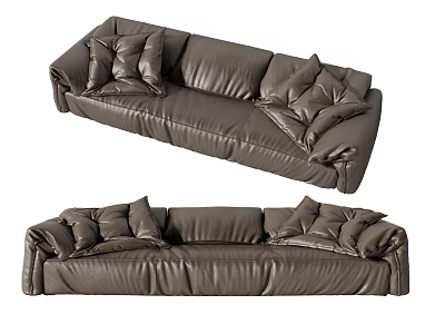 Brown Leather Multi Seater Sofa With Plush Cushions For Modern Living Room 3d model